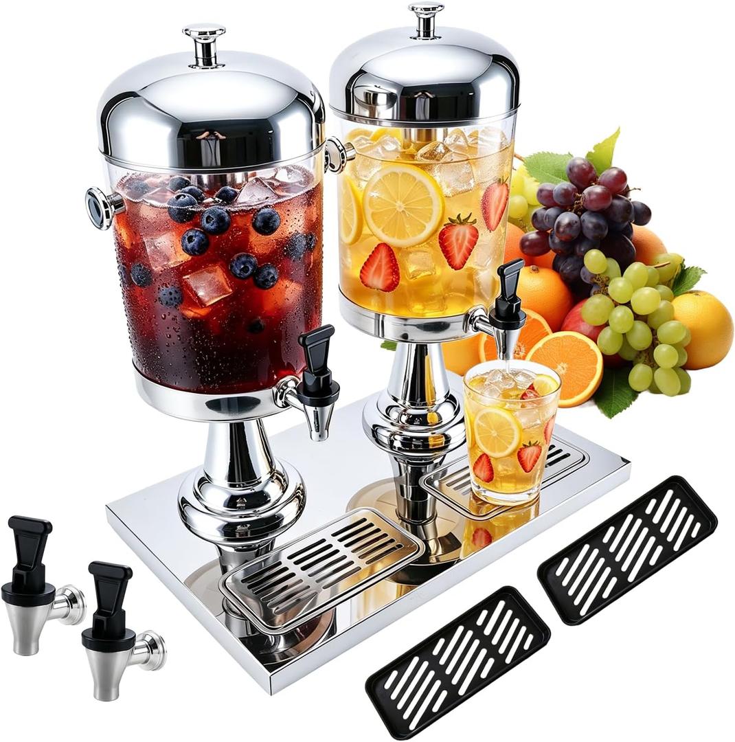 4.2 Gallon Drink Dispensers for Parties, Leakproof Stainless Steel Beverage Dispenser with Stand, 4 Spigots & 4 Drip Trays, Hot & Cold Juice Dispenser with Ice Core for Lemonade, Sun Tea