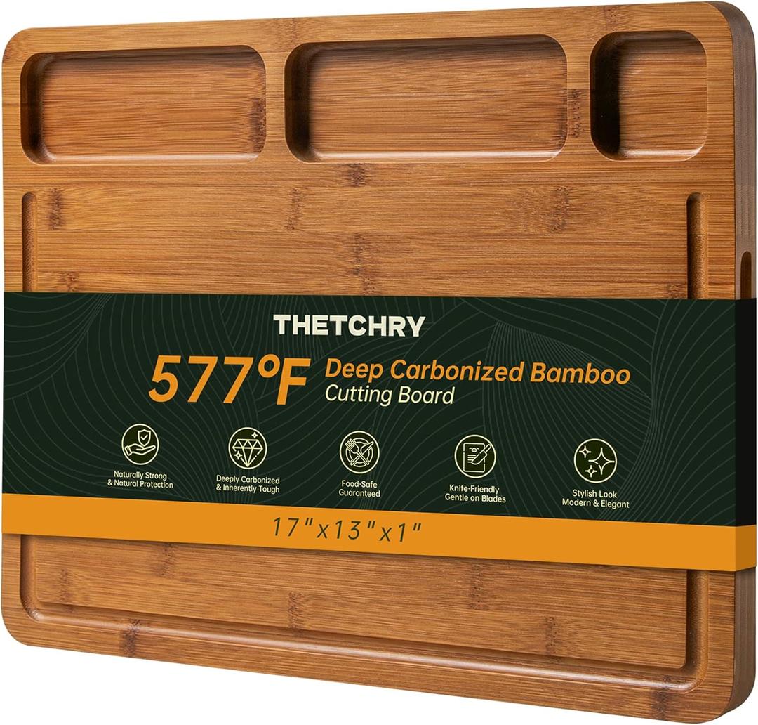 THETCHRY Carbonized Bamboo Cutting Boards for Kitchen, 1"Thickened Cutting Board with Juice Groove, Large Butcher Block with Handle, Wood Charcuterie Chopping Board for Prep & Serving Tray, 17" x 13"