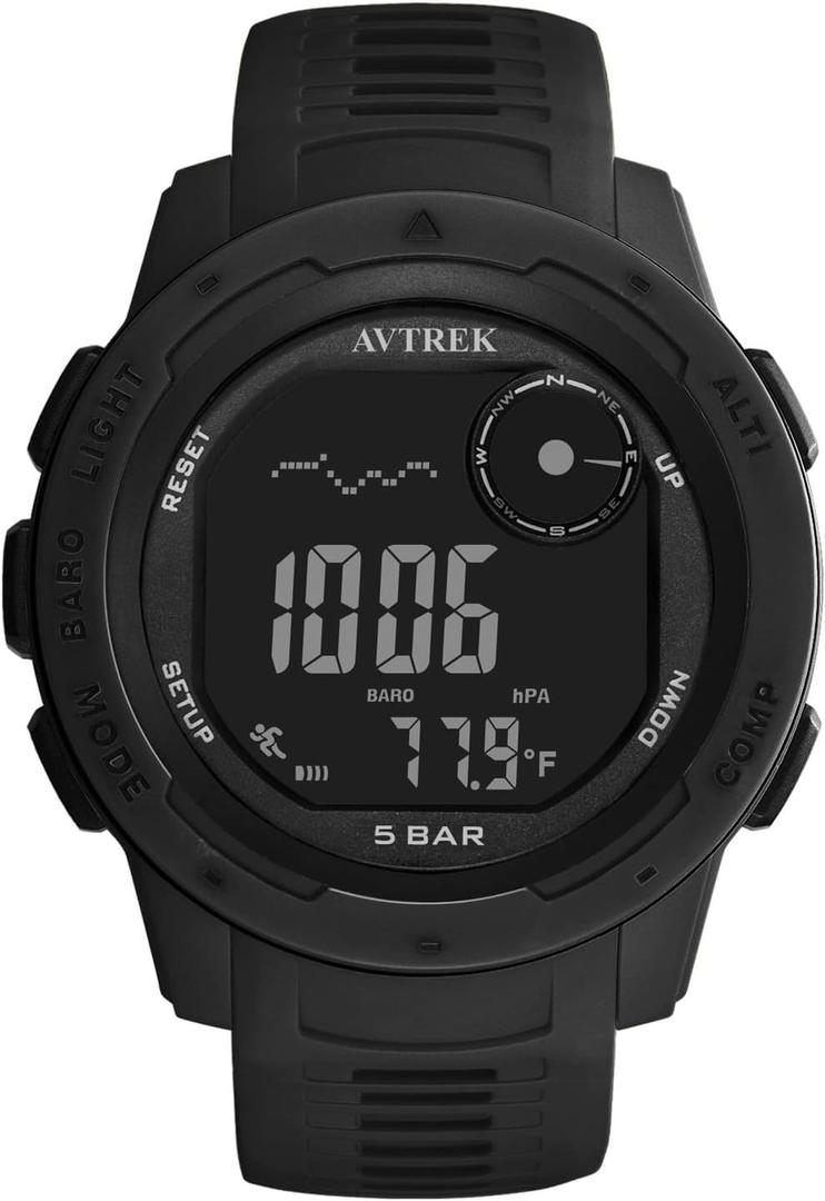 AVTREK Men's Tactical Watch with Compass, 50M Waterproof Digital Pedometer, Altimeter for Outdoor Hiking/Climbing (Black)