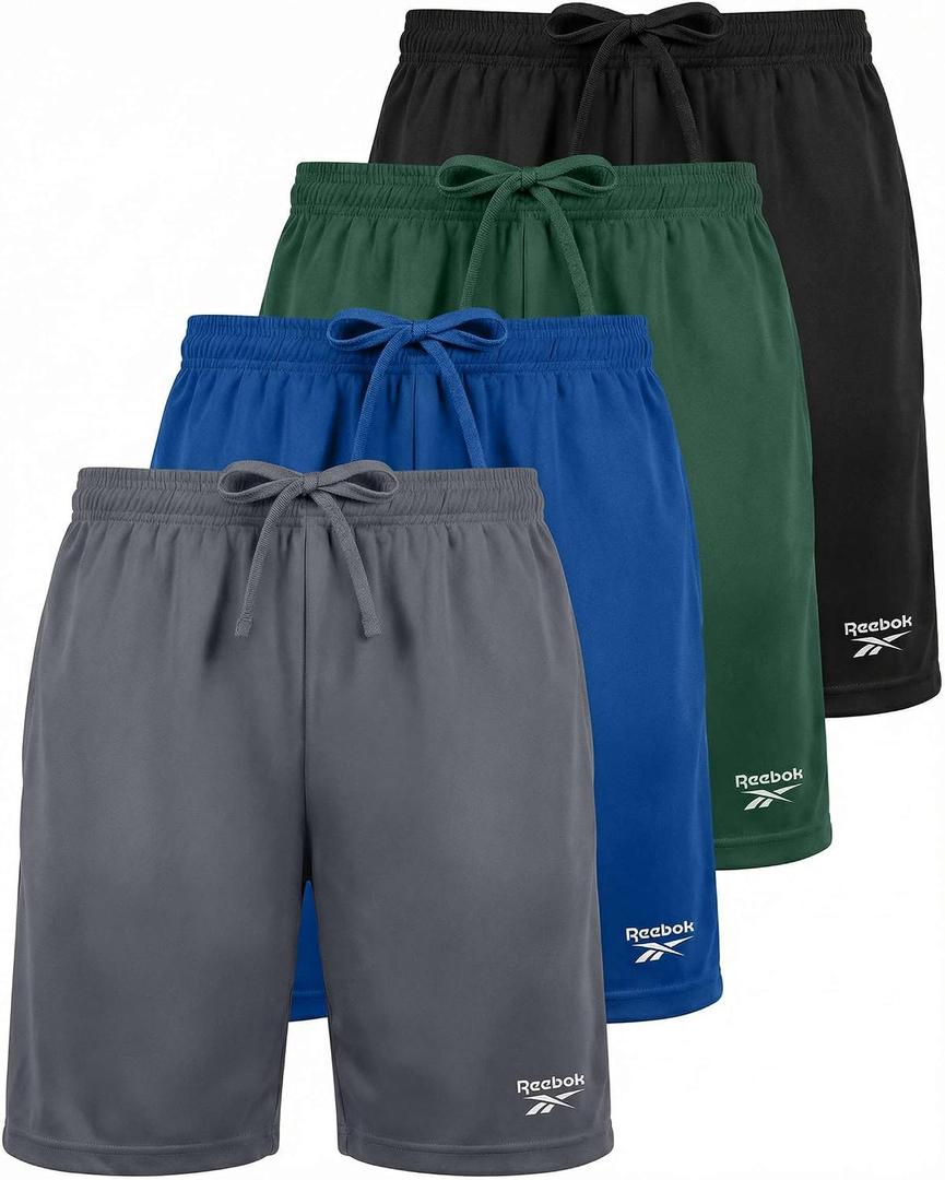 Reebok 4 Pack: Boys' Dry Fit Athletic Shorts - Kids Teens Youth Active Running Basketball Soccer Workout Short - Set 6, M, (8-10)