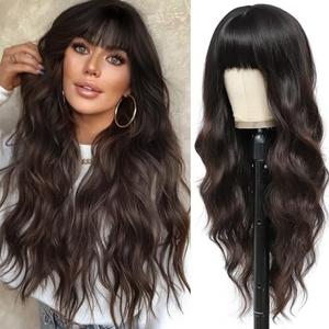MINSEEYOO Brown Wig with Bangs for Women Long Brown Wavy Wigs 26 Inch Dark Brown Wigs Natural Looking Heat Resistant Synthetic Wig for Daily Party Use