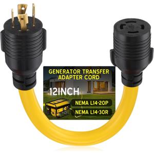 Kanayu NEMA L14-20P to L14-30R 20amp to 30amp Generator Adapter Cord, 4 Prong Locking Generator 20amp Male Plug to 30amp Female Receptacle Adapter, 1 ft
