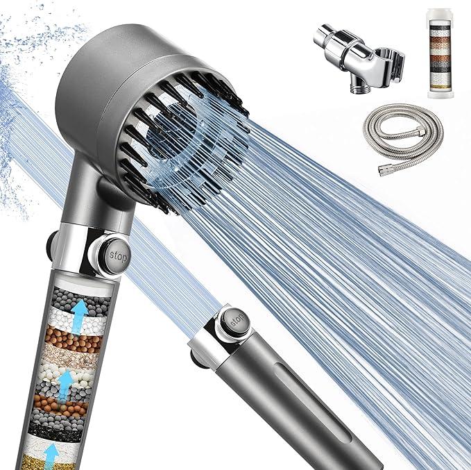 Iopsk Fitered Shower Head with Handheld for Hard Water, High Pressure Handheld Shower Heads with On Off Switch, Showerhead with Long Hose(Gun Grey,2 Filters)