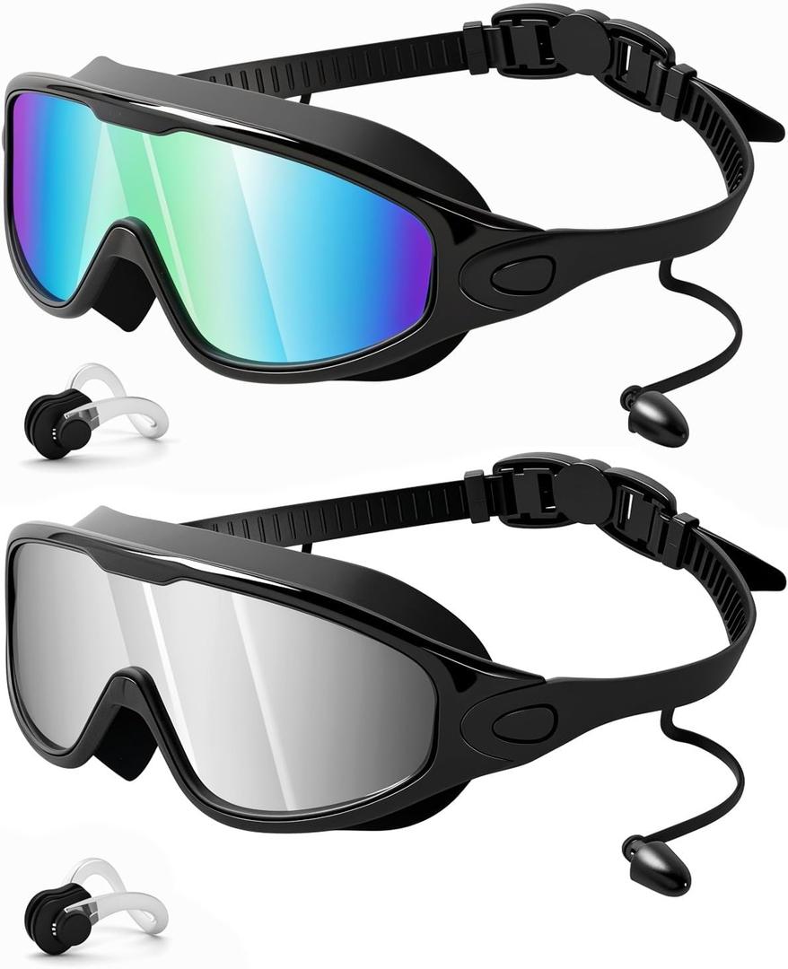 Rantizon Swim Goggles 2 Pack, Wide View Anti Fog & UV Swimming Goggles for Adult, No Leaking Swim Glasses for Men Women Kids (Large for Adults, Aqua & Bright Silver)