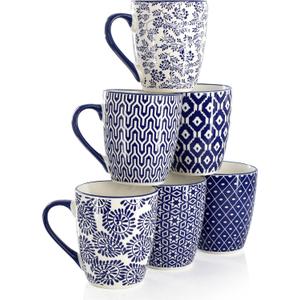 Elama Declan 12 Ounce Assorted Design Stoneware Mug Set in Blue and White, 6 Piece Set Elama Declan 12 Ounce Assorted Design Stoneware Mug Set in Blue and White, 6 Piece Set