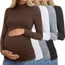 Riyiper 4 Pack Women's Maternity Turtleneck Shirts Long Sleeve Pregnancy Tops Ruched Sides Pregnant Tees Mama Clothes (Medium, Black, Light Heather Gray, White, Coffee)