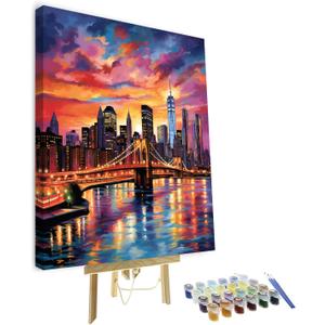 TUMOVO Paint by Numbers for Adults Colorful Cityscape Adults' Paint by Number Kits Brooklyn Bridge Sunset Landscape Art Painting Kits with Brushes Oil Painting Art Crafts Framed 16x20 in