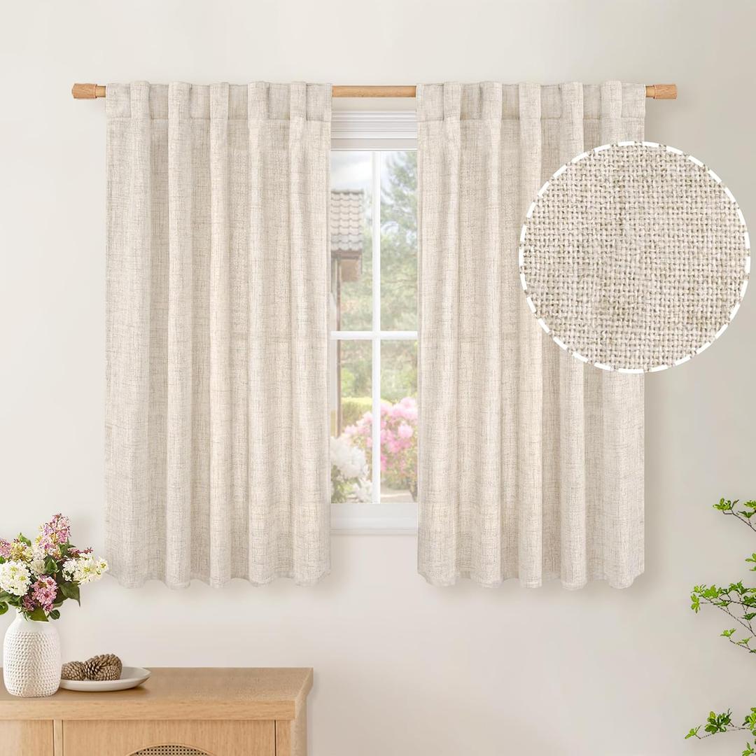 BGment Short Linen Curtains 48 Inch Length for Window, Rod Pocket Textured Drapes Light Filtering Privacy for Bedroom Kitchen Bathroom Cafe Back Tab, 2 Panels, 42 X 48 Inch
