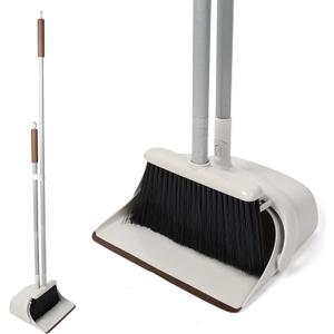 54" Long Handled Broom and Dustpan Set - Perfect Dust Pan and Brush Combo for Efficient Cleaning, Brown and White