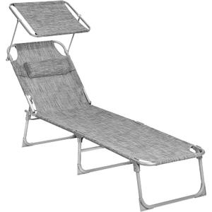 SONGMICS Sun Lounger, Patio Chaise Lounge Chair, Folding, with Canopy, 76 x 20.9 x 11.4 Inches, Holds 330 lb, Headrest, Adjustable Backrest, Outdoor Garden Pool, Greige GCB19T, 193 x 53 x 29 cm