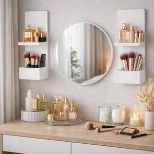 2-Tier White Floating Wall Shelf, 20x8x6 Wall-Mounted Wooden Beside Shelf/Nightstand for Home Décor, Plants, Cosmetics, Bathroom, Kitchen, Bedroom Storage (White with Box)