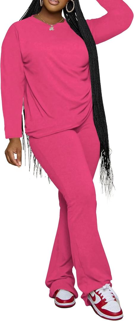 PINSV Womens 2 Piece Outfits Casual Sets Long Sleeve Top and Flare Pants Lounge Sets Tracksuit (M)