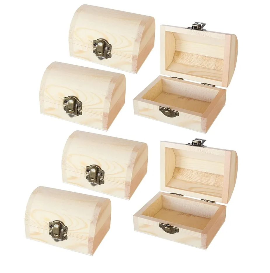 Juvale 6 Pack Small Wooden Boxes for Crafts with Hinged Lids & Front Clasp Unfinished Paintable Treasure Boxes for Arts & Crafts, Halloween & Pirate Party - 2.76 x 3.9 x 2.36 Inches Treasure Chest Set