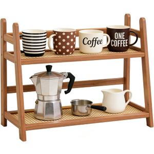 Household 2-Tier Cup Shelf Organizer, Kitchen Counter Shelf for Tea Coffee Bar Accessories, Bamboo Mug Holder Countertop, Matcha Stand, Cup Display, Condiment Storage Rack - Brown