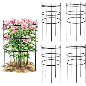 4 Set Titan Peony Plant Support Stakes Black Metal Peonies Cages 17.7" D x 35.4" H Tomato Cages Rings Sturdy Garden Plants Support Trellis for Climbing Plants