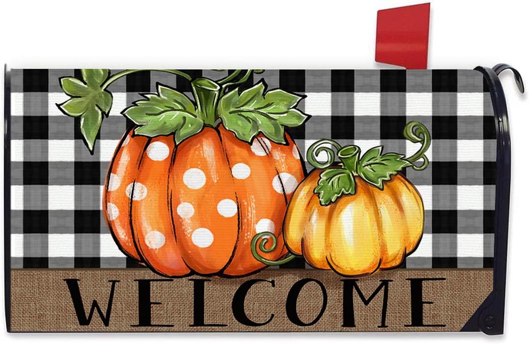 Welcome Fall Pumpkin Mailbox Cover Magnetic Standard Size 20.5" x 18", Autumn Buffalo Plaid Check Decorative Post Letter Box Decor, Thanksgiving Farmhouse Garden Yard Outdoor Decoration