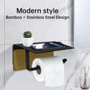 Toilet Paper Holder with Shelf Bamboo and Metal Toilet Tissue Roll Holder Wall Mounted Rustic Adhesive Toilet Paper Holder Tissue Holder for Bathroom (Black)