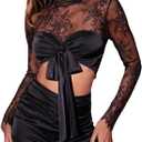 SweatyRocks Women's Floral Lace Tie Knot Sheer Blouse Long Sleeve Slim Fitted Crop Tops (Black), L