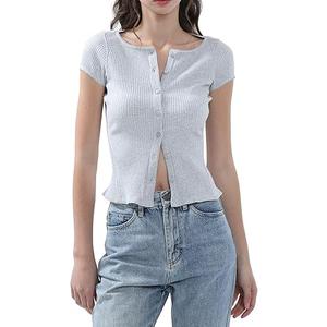 Ribbed Button Down T Shirts for Women Short Sleeve Going Out Tops Cropped Fitted Knit Blouses S