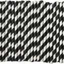 Cocktail Paper Straws - Black Silver Striped Biodegradable Disposable Drinking Straws for Brithday, Wedding, Holiday, Cake Pop Sticks - 5.75 inch