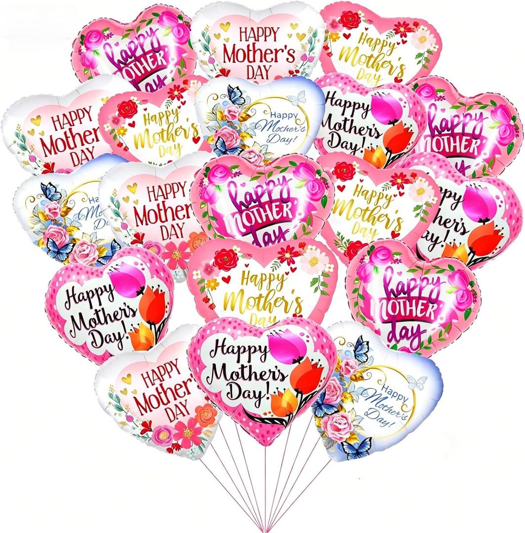 KIPETTO Happy Mother's Day Balloons 20Pcs 18inch Aluminum Foil Balloons Heart Balloons for Mother's Day Birthday Party Decorations