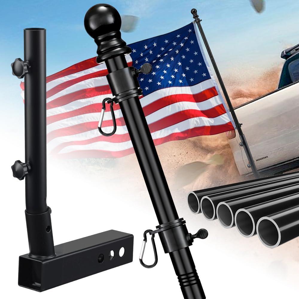 Truck Flag Pole with Hitch Holder  6FT Heavy Duty Flagpole Kit for 2" Tow Hitch, Dual Angle Mount, Windproof Sleeve for Trucks, Jeep,Trailer  for Tailgating,Parades,Off-Road Flag Display (Black)