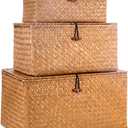 Decorative Wicker Storage Bins with Lids,Woven Seagrass Storage Baskets for Kids Toys,Shelves, Bathroom, Bedroom,Set of 3 Stackable Storage Boxes Large, Medium, Small