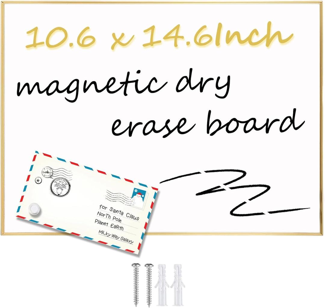Dry Erase White Board, 10.6"x 14.6" Gold Aluminum Frame Magnetic Whiteboard for Wall Office,School,Home, Hanging Board for Decoration,Planning,Kitchen Grocery List,Drawing,MemoBB-Gold-2737
