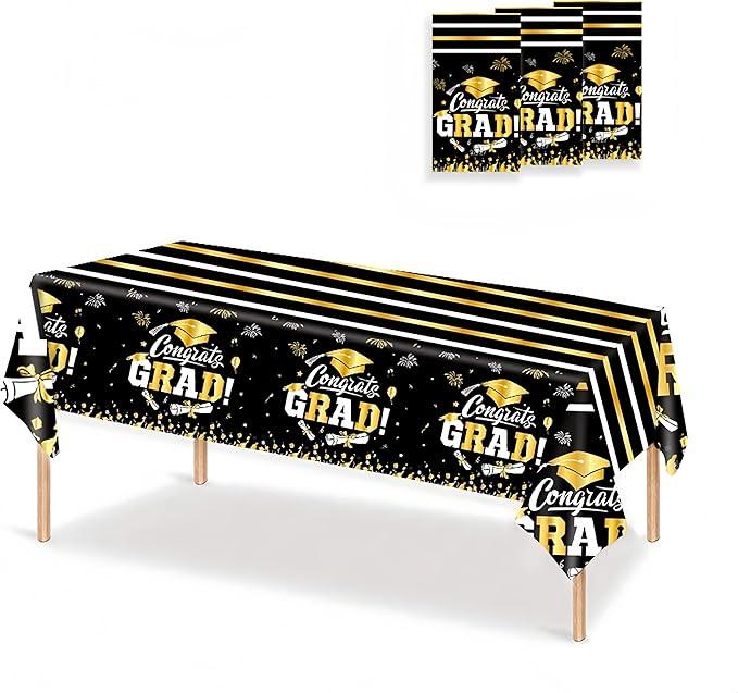 OQOQ Graduation Decorations 2025 Tablecloth (Black,3 Packs) - 54x108 Inches 2025 Graduation Congats Party Decorations Plastic Table Cloth Disposable Table Cover