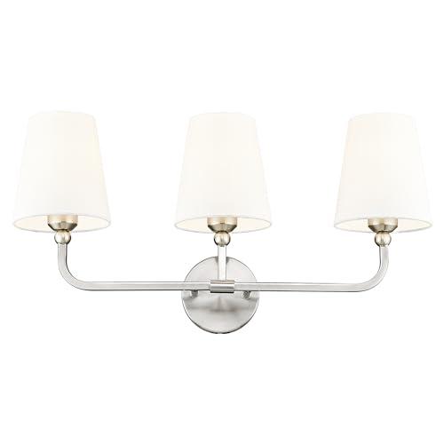 METWET Bathroom Light Fixtures, Brushed Nickel Vanity Lights with Flared White Fabric Shade, 3 Light Wall Sconce, Modern Sconces Wall Lighting for Hallway Bedroom, VL837-BN-3