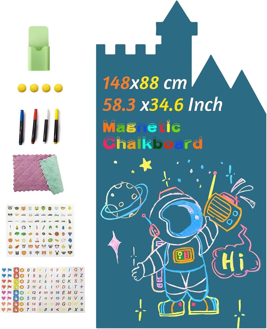 Magnetic Wall Decal for Kids, Magnetic Chalkboard Contact Paper for Wall, Playroom Essentials, Includes Dustless Chalks, Chalk Holder, Wipe Cloth, Stickers ( Blue Castle, 34.6" x 58.3")