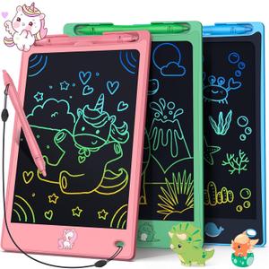 FLUESTON LCD Writing Tablet for Kids,Drawing Tablet for Boys Girls 3 4 5 6 7 8 Year,8.8 Inch 3pcs in 1 Pack Drawing Pad Toy Birthday Gifts for Toddler, Educational Doodle Board Cute Dinosaur Unicorn (Pinkgreenblue)