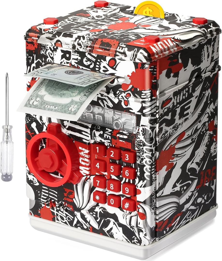 ATM Piggy Bank for Boys Girls, Vcertcpl Mini ATM Coin Bank Money Saving Box with Password, Kids Safe Money Jar for Adults with Auto Grab Bill Slot, Great Gift Toy Bank for Kids (Large, Red)