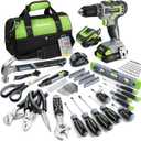 WORKPRO Home Tool Set with 20V Cordless Lithium-Ion Drill Driver, Household Repairing Tool Kit with Drill, 157PCS Power Drill Sets, 14-Inch Wide Mouth Storage Tool Bag, Green (Grey)