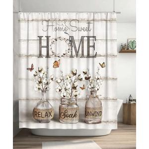 Tijuboni Farmhouse Shower Curtain Cotton Flowers Shower Curtains for Neutral Country Bathroom Decor Rustic Shower Curtain Set Waterproof Polyester Fabric 72 x 72 Inch