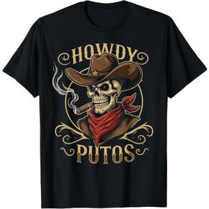 Funny Skull Howdy Putos Spanish Slang, Western Cowboy Skull T-Shirt, Large 