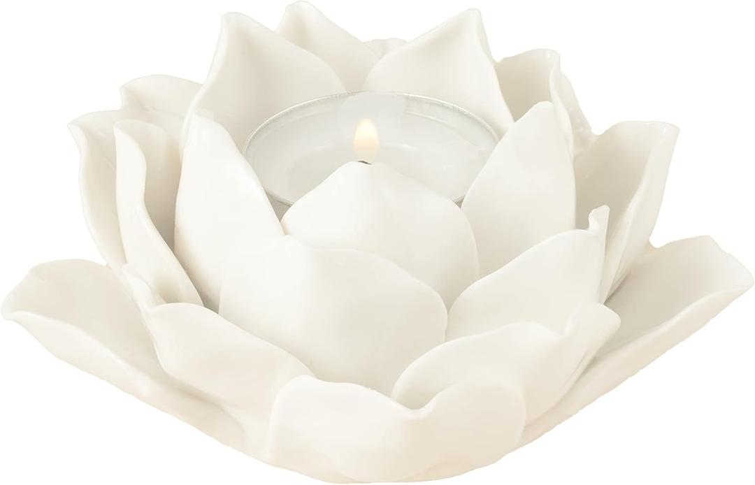 Ceramic Lotus Petals Style Flower Candle Holder Tea Lights Holder Home & Table top Decoration (White)