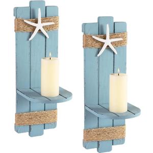 SOMTO Beach Starfish Wall Candle Sconces Decor,Ocean Themed Wall-Mount Candle Holders, Coastal Farmhouse Nautical Rustic Decorations for Bathroom, Living Room, Dining Room and Office, Set of 2 (Blue)