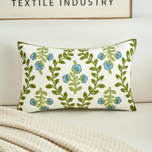 HOMFREEST Floral Embroidered Decorative Throw Pillow Covers 12x20 Inch Spring Blue Flower Green Leaf Pillows Farmhouse Patio Cushion Cases for Sofa Couch Home Bed