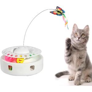 Cat Toys - 3 in 1 Interactive Automatic Kitten Toy, Fluttering Butterfly, Mobile Ambush Feather, Ball Track, Dual Power Sources, USB Powered, for Exercise, white