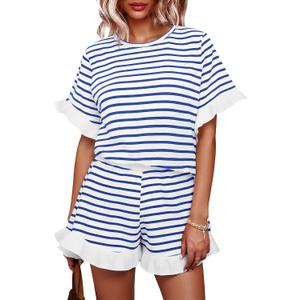 Tankaneo Womens 2 Piece Striped Shorts Set Ruffle Short Sleeve Tops Hight Waist Shorts Matching Sets Summer Vacation Outfits (M)