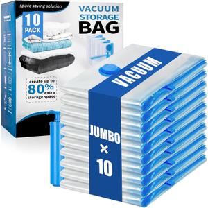 10 Jumbo Vacuum Storage Bags, Vacuum Seal Bags for Clothing Space Saver Compression Storage Bag with Hand Pump Extra Large for Clothing Travel Comforters Blankets Pillow Bedding Duvets Clothes