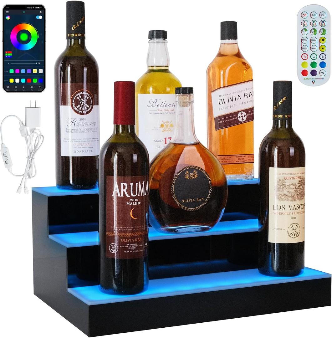LED Lighted Liquor Bottle Display Shelf, 3Tiers 16Inch Bar Bottle Display Shelf with Remote and App Control for Home Bar Party Whiskey Wine Coffee Syrup Water Bottle Display