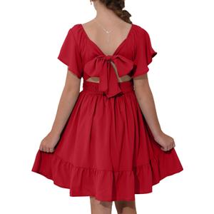 blibean Girls Summer Tie Back Dress Tween Kids Off Shoulder Dresses Size 4-15 Years (Red, XXL)