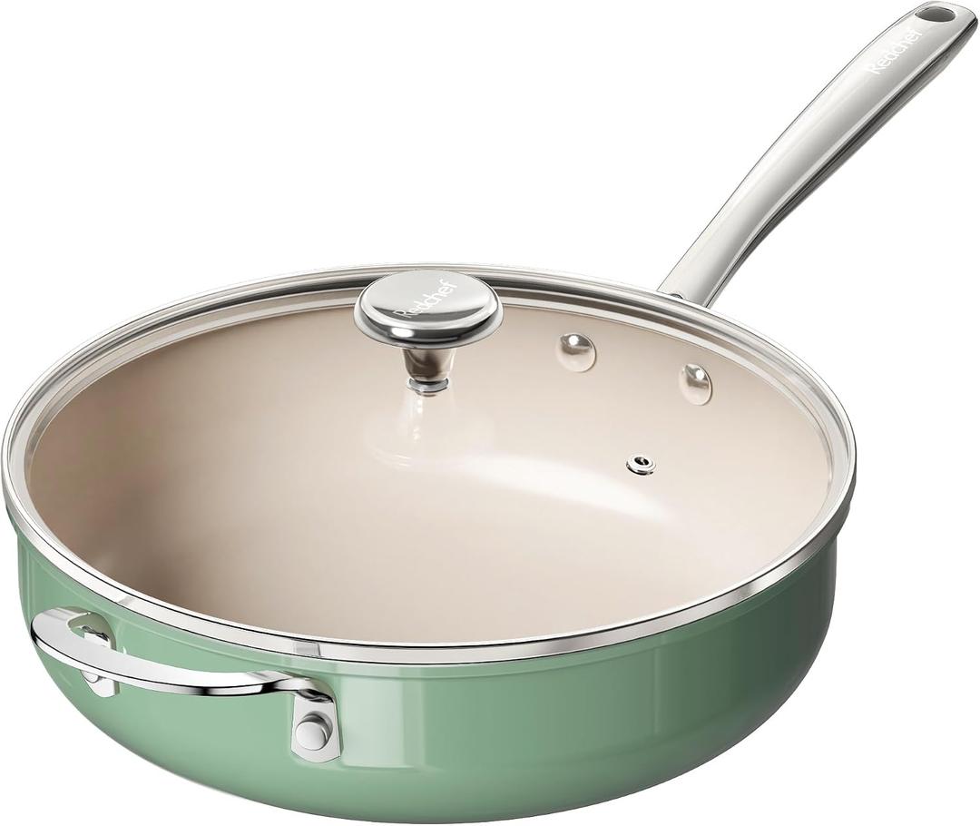 Redchef Ceramic Saute Pan with Lid, Nonstick Deep Frying Pan, 5QT Jumbo Cooker with Helper Handle & Lid, Non Toxic Ceramic Cooking Pan, Chef Pan, Dishwasher & Oven Safe, PFAS PFOA & PTFE Free Green