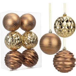 4.3" Earth Tone Christmas Balls Ornaments Set, Large 6Pack Xmas Tree Decorations Balls, Shatterproof Glossy Pendant Plastic Indoor Christmas Decorations, Assorted Hanging Ball for Holiday, Party