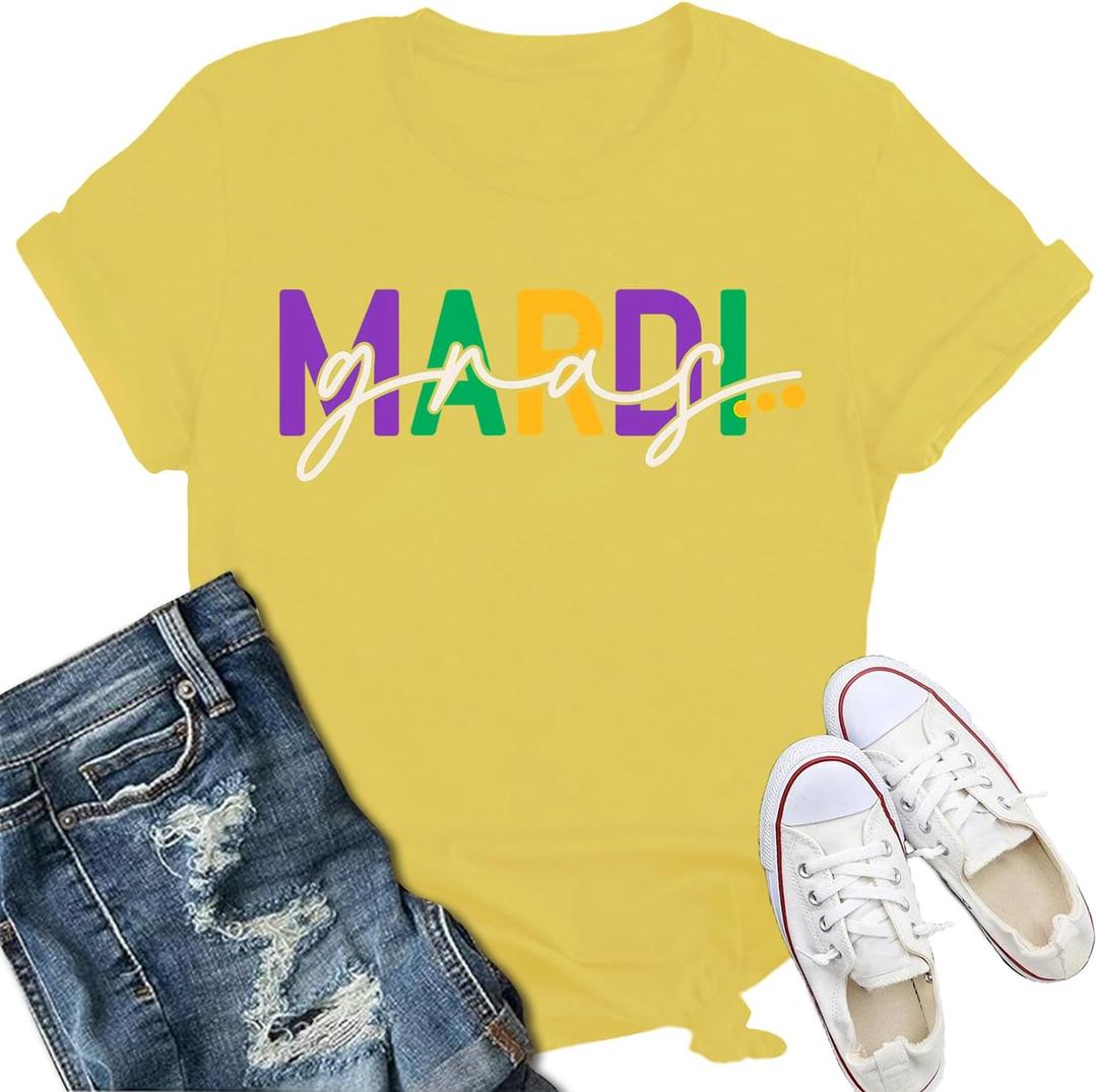 Mardi Gras Shirt for Women Fat Tuesday Parade T-Shirt New Orleans Carnival Party Tshirt (Medium, Yellow)