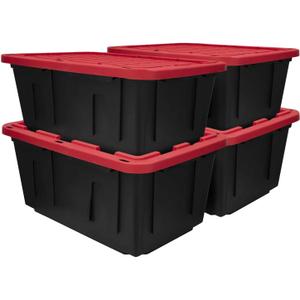 12 Gallon Large Storage Bin with Snap Lid, Black and Red, Heavy Duty Plastic, Stackable, 30.6x20.6x14.3 Inches, Set of 4 (12 Gallon, 4)
