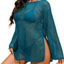 Lilosy Sexy Crochet Sheer Kaftan Caftan Beach Dress Bathing Suit Swim Coverup Summer Vacation Outfits One Piece (Blue), Medium
