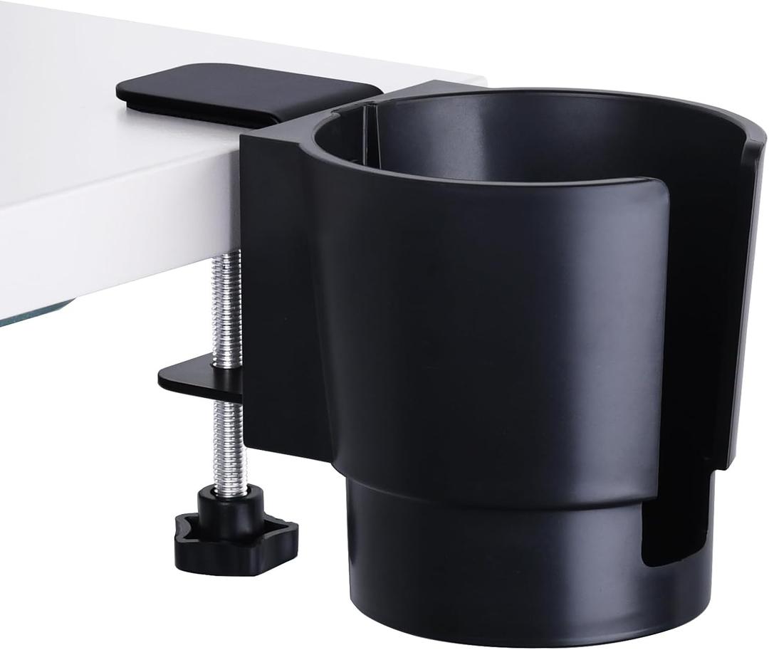 Universal Large Desk Cup Holder Clamp on, Heavy Duty Plastic Drink Holder for Table, Porch Swing, Patio Chair, Clip On Anti-Spill Bottle Holder for Most Cups, Bottles, Cans, Tumbles, Black, Pack of 1